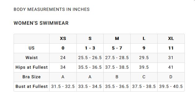 2022 Billaong US Womens Swimwear 0 Size Chart